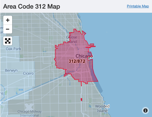 312 area code in Chicago map