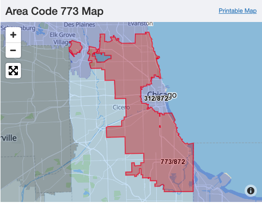 773 area code in Chicago map