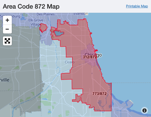 872 area code in Chicago map